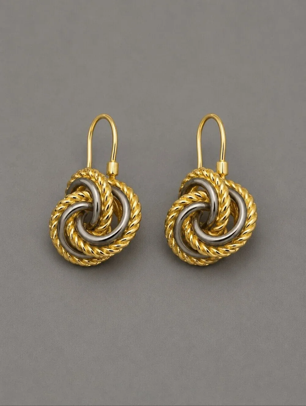 Vtg Two-tone Gunmetal and Goldtone Knot Dangle Leverback Earrings